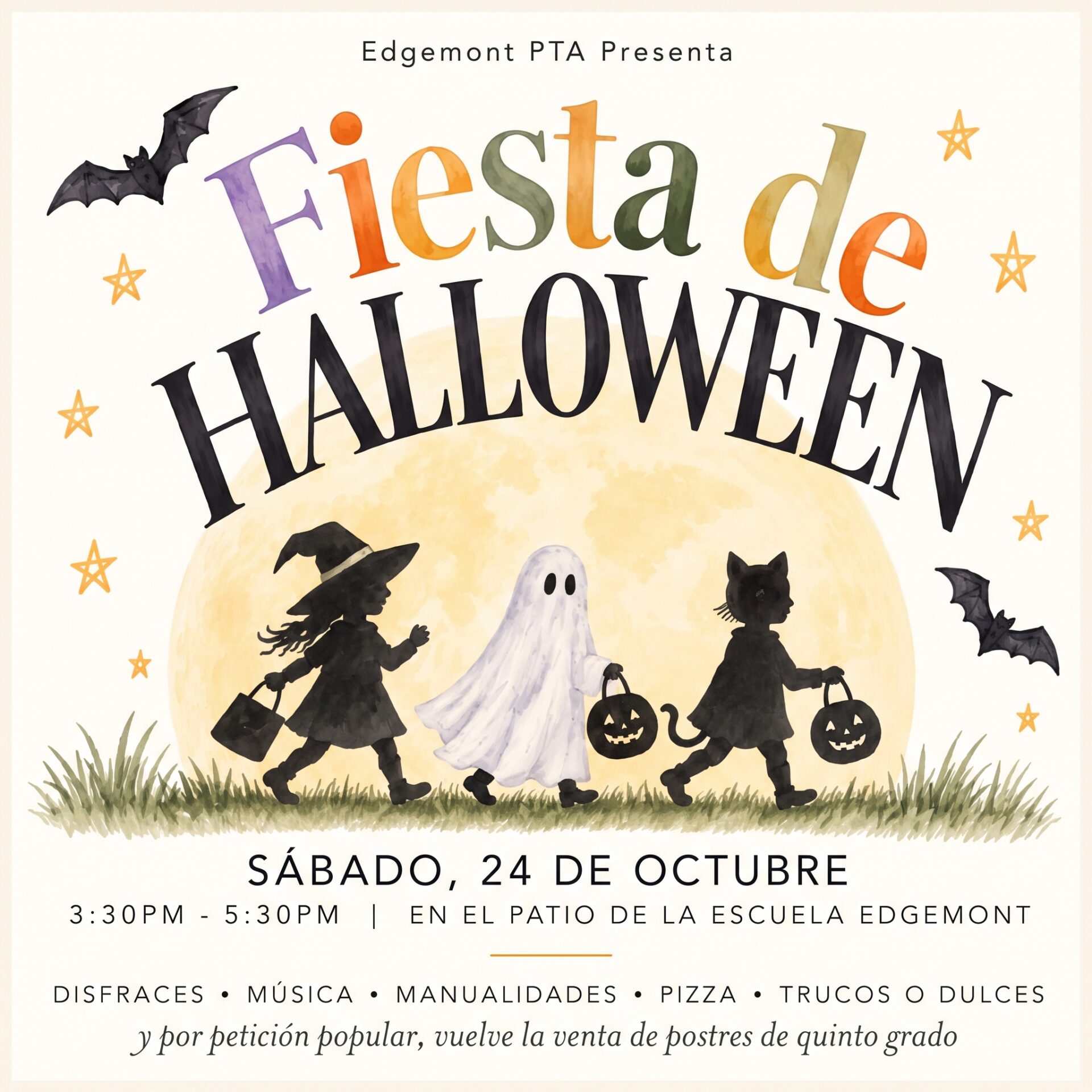 Volante de Halloween Mash de Edgemont PTA: sábado 24 de octubre, de 3:30 a 5:30 PM en el patio de la escuela Edgemont. Disfraces, música, manualidades, pizza, truco o trato y la venta de pasteles de 5.º grado.