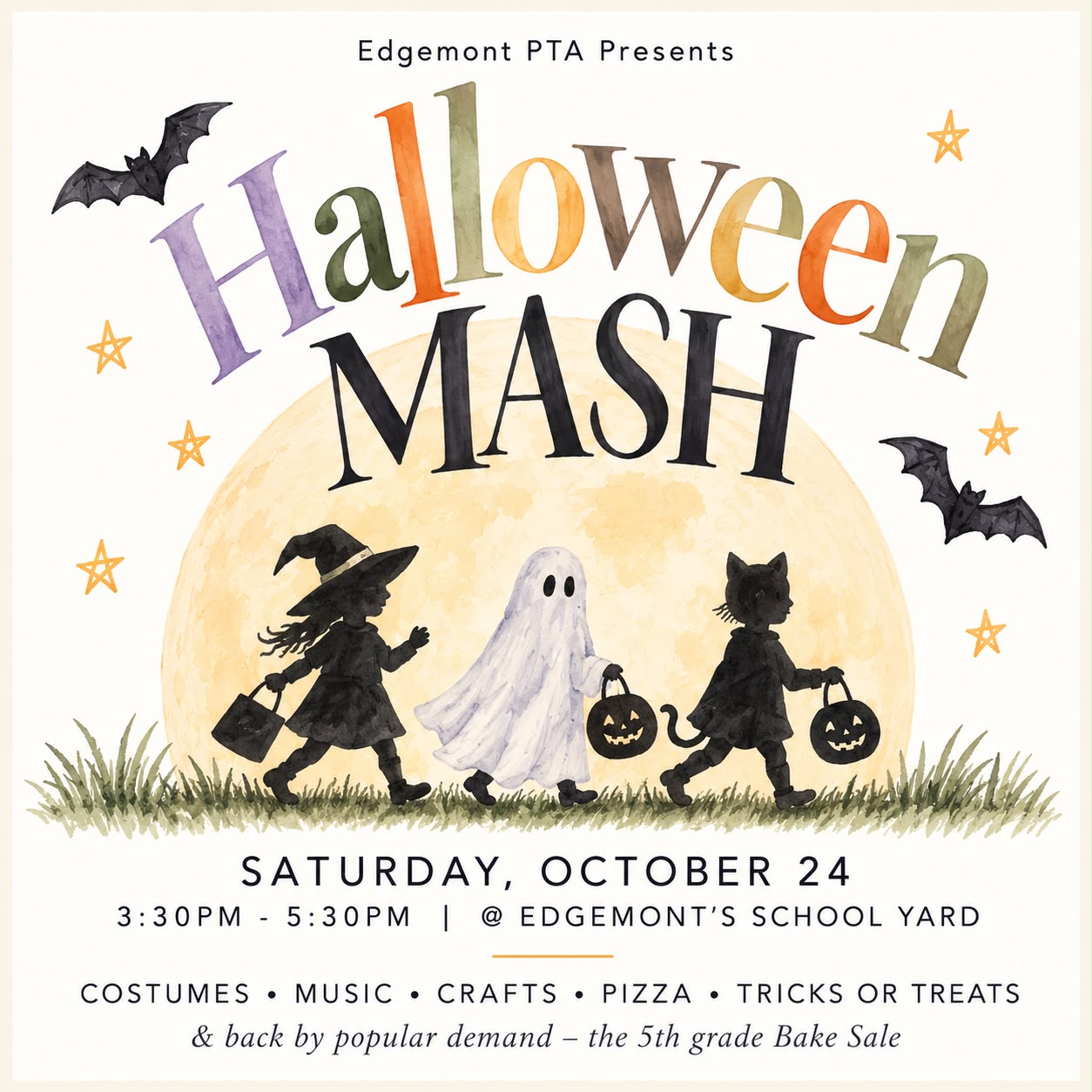 Edgemont PTA Halloween Mash flyer: Saturday, October 24, 3:30 to 5:30 PM at Edgemont's school yard. Costumes, music, crafts, pizza, tricks or treats, and the 5th grade bake sale.